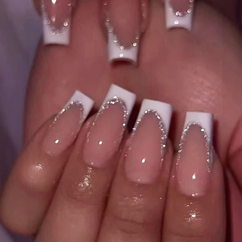 Cross-border French Classic White Edge Solid Color Nail Art Silver Glitter Sparkle French Tip Premium 24 Pieces Pure Desire Whitening Wearable Nails