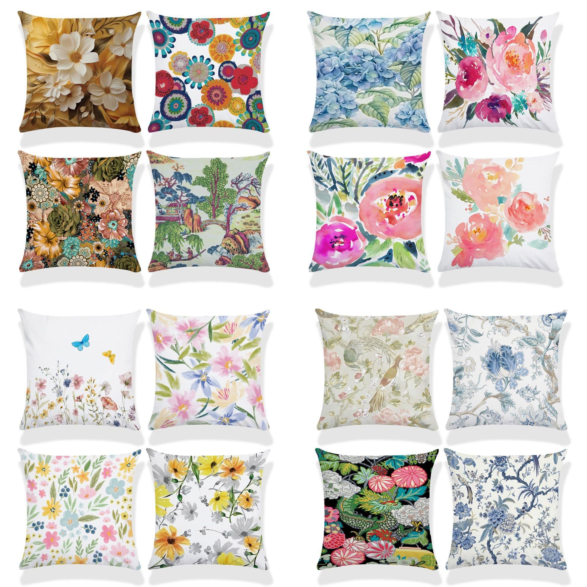 Amazon Colorful Floral Throw Pillow Cover Flower Butterfly Farmhouse Spring Summer Decorative Sofa Bed Cushion Cover Wholesale