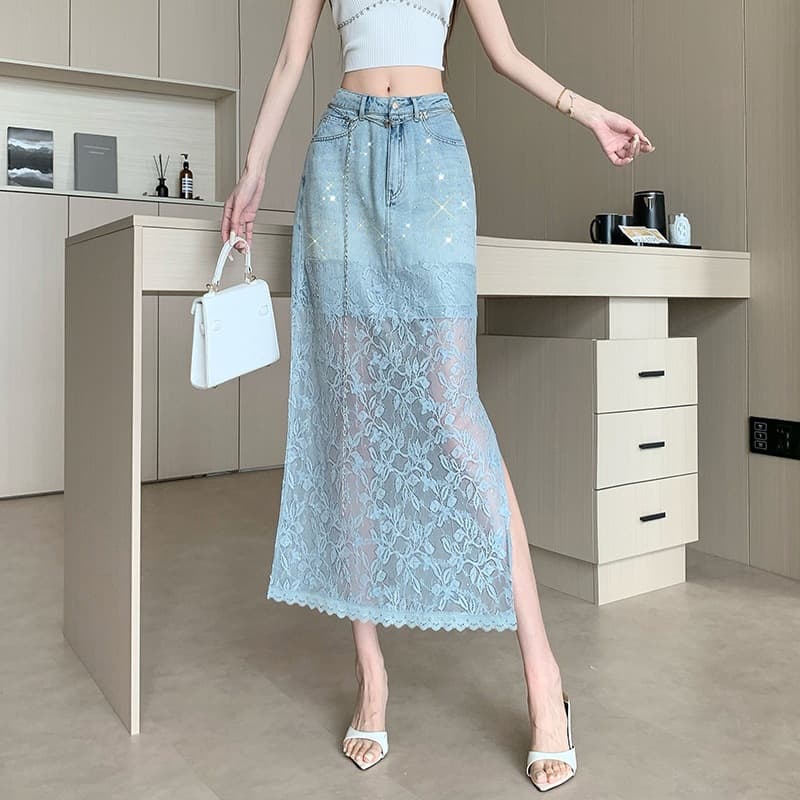 Heavy Craft Rhinestone Lace Patch Jacquard Skirt Women Summer 2026 New Style High-Waist Denim Skirt