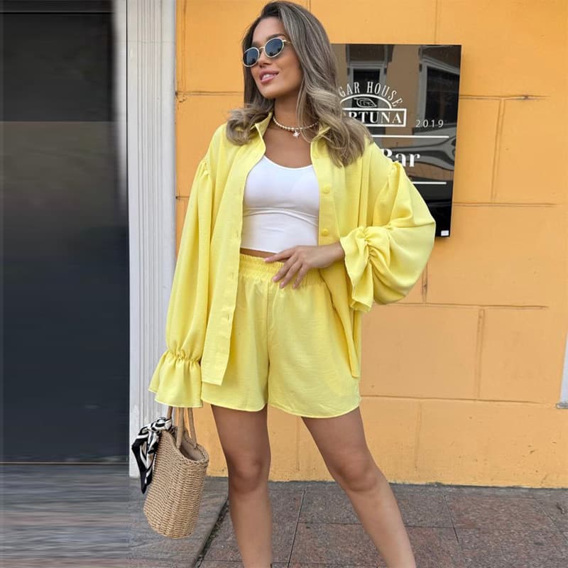European and American Women's Fashion 2026 Summer New Trendy Casual Notched Collar Loose Flared Sleeve Top and Shorts Solid Color Set
