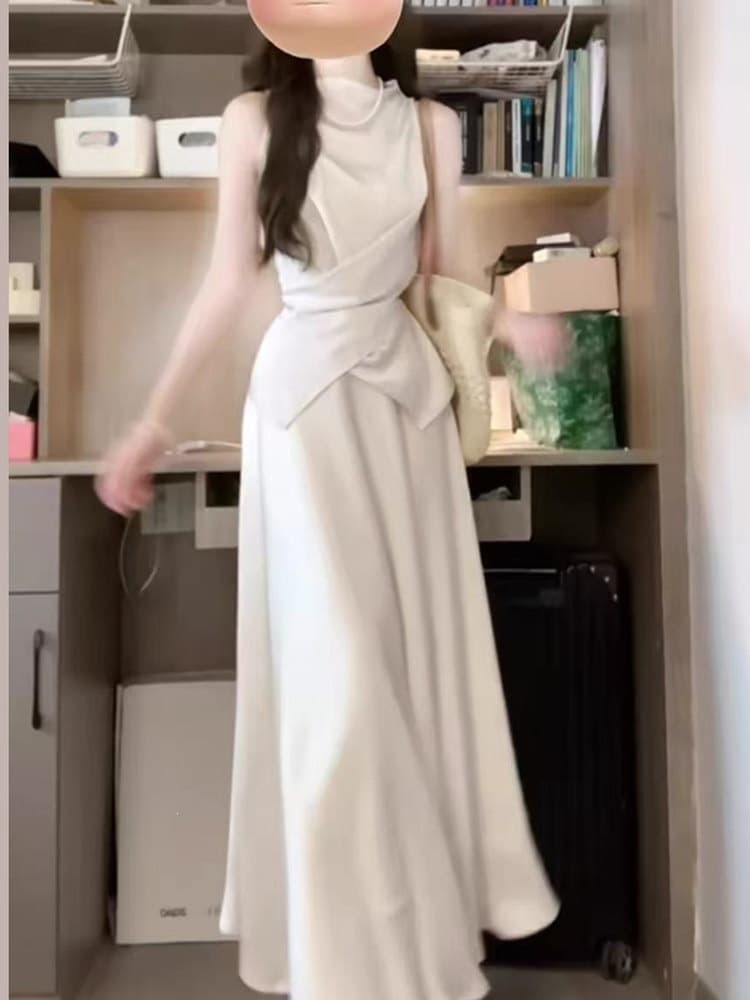 Summer Stunning Irregular Camisole Top and Skirt Two-Piece Set Acetate Satin Dress Long Skirt