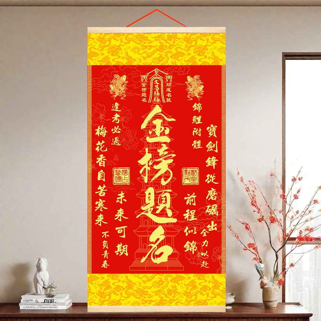Teacher-recommended "Top of the Golden List" hanging scroll, "Heavenly Official Bestows Blessings" and "Carp Leaping Over the Dragon Gate" with Wenchang Pagoda, upgraded home version on tribute satin.
