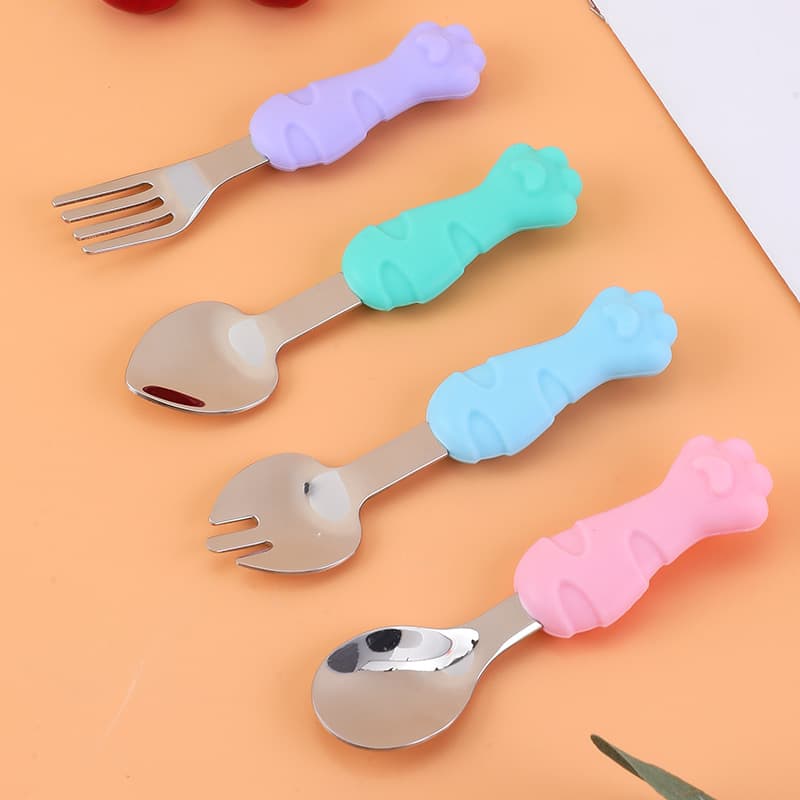 304 Stainless Steel Silicone Cartoon Short Handle Cat Claw Spoon Fork Baby Eating Training Spoon Fork Cutlery Set for Toddlers