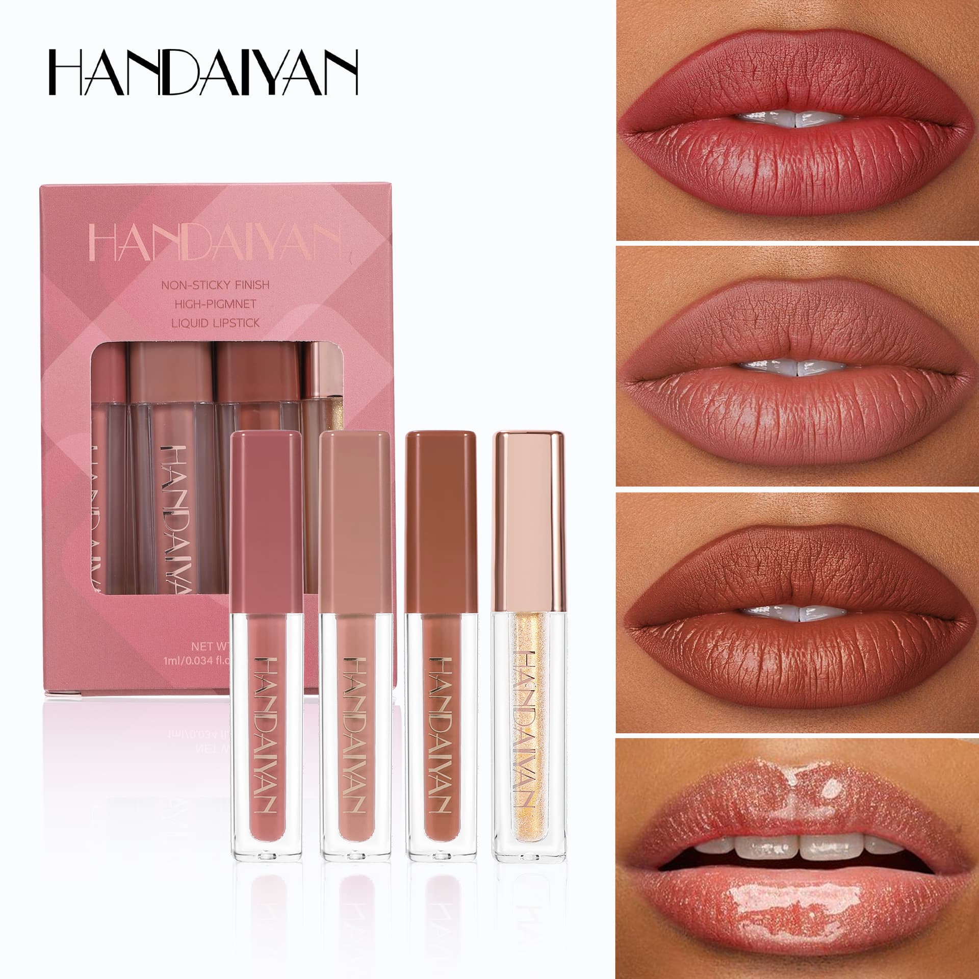 Cross-border lip glaze set waterproof non-stick cup HANDAIYAN pearlescent lip glaze easy to color long-lasting 4-piece lip glaze set