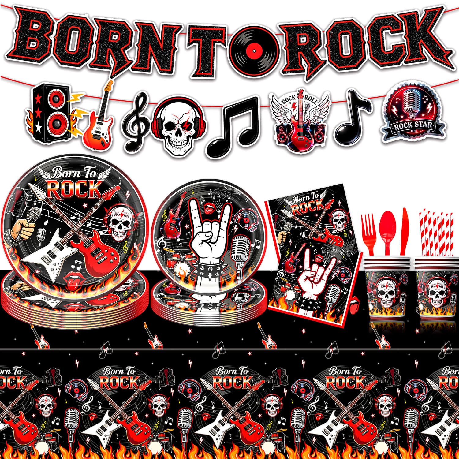 Amazon's new Halloween skull rock theme birthday party supplies dinner plates paper towels flag tablecloth decoration