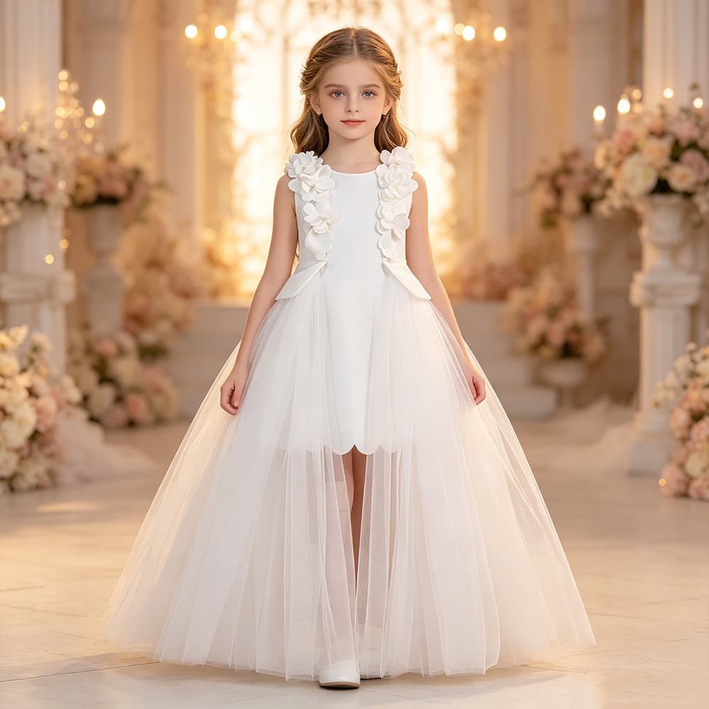 Girls Princess Dress Long Tulle Wedding Runway Gown Party Evening Dress Flower Tutu Skirt