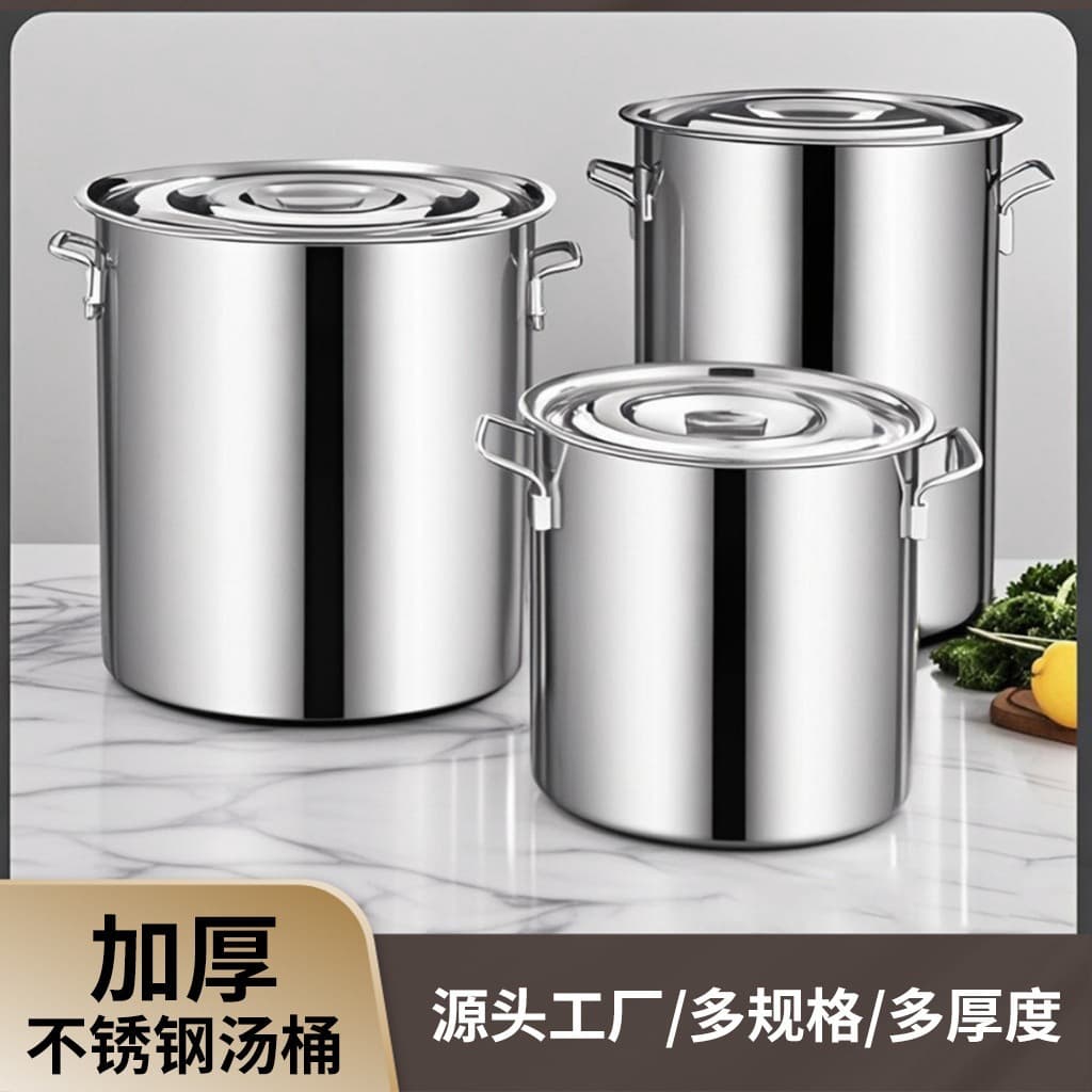 Thickened food-grade stainless steel soup bucket, round bucket, water bucket with lid, commercial induction cooker braising pot, braised meat bucket, large