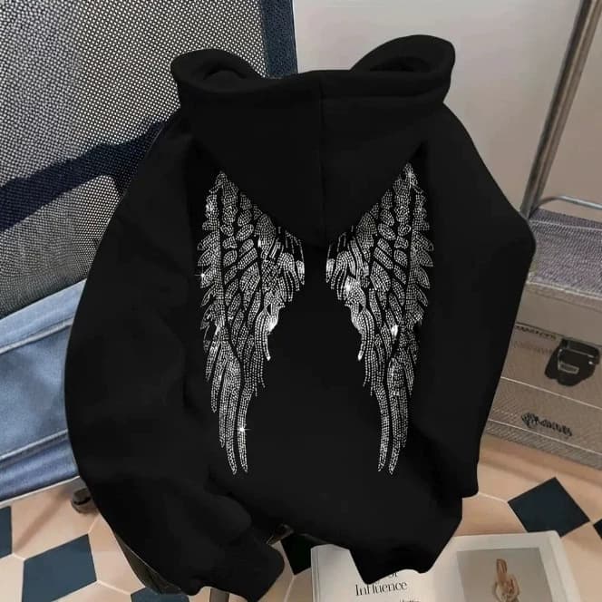 High Street Style Back Large Angel Wings Print Hoodie Men Drop Shoulder Hooded Sweatshirt Plus Size Couple Outerwear Cross-border Wholesale