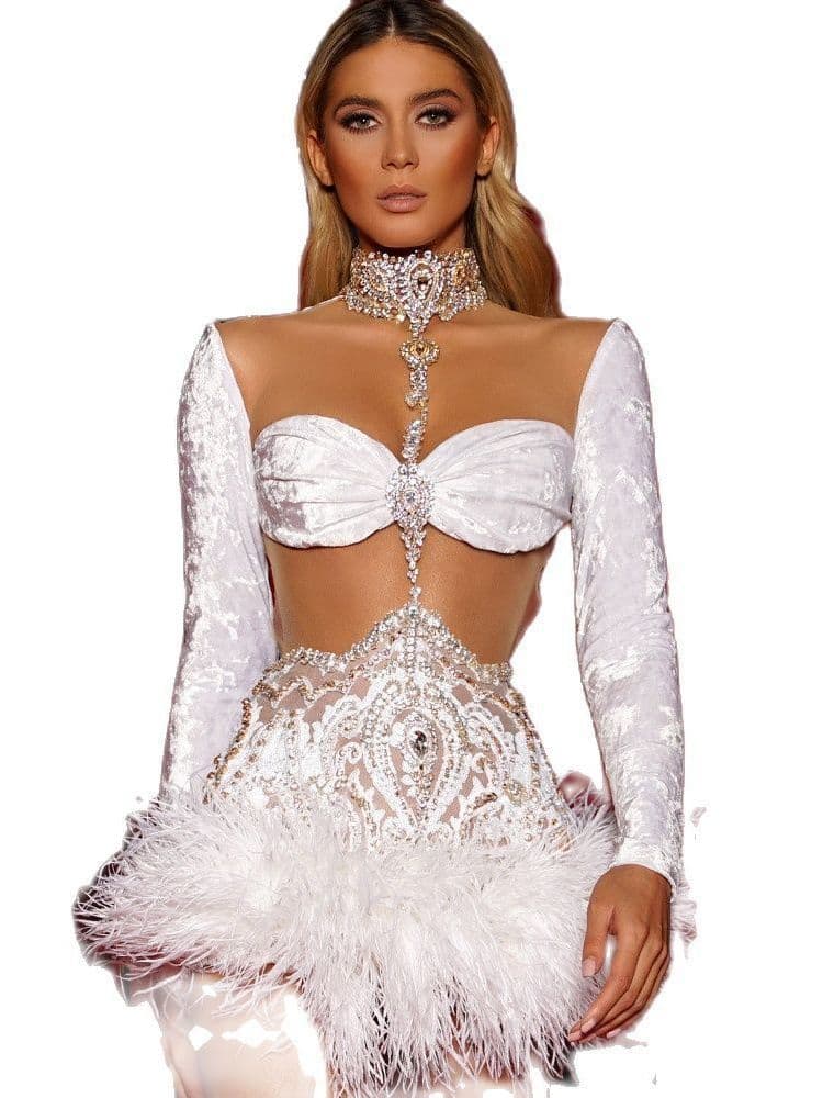Bodysuit Costume Amazon White Faux Fur Rhinestone Stretch Bodysuit Stage Performance Costume