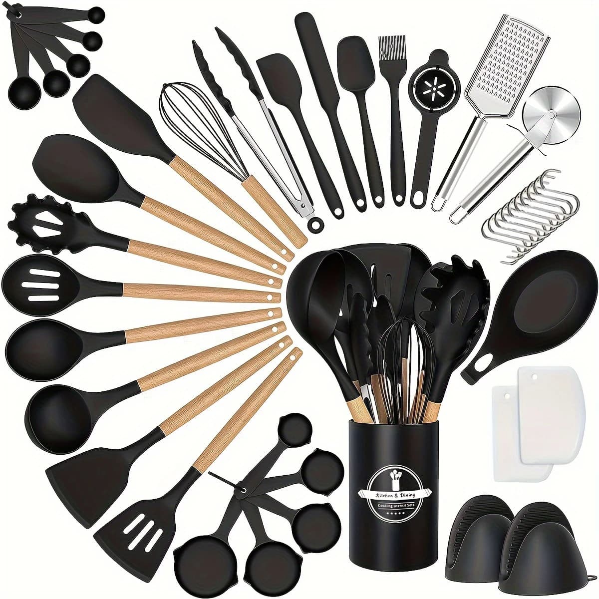 Cross-border Drop Shipping 43-Piece Non-Stick Cookware Storage Bucket with Wooden Handle Silicone Kitchen Utensils, Easy to Clean Spatula and Spoon Set