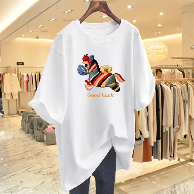 2026 New Year Horse Year Red Pure Cotton Short Sleeve T-Shirt Women's Loose Fit Top Base Layer