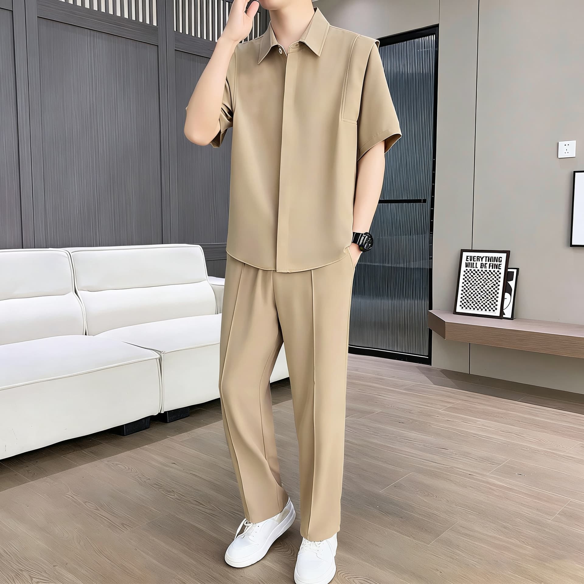 Summer Short Sleeve Shirt and Long Pants Set, Ice Silk Breathable Two-Piece Set, High-End Minimalist Casual Fashion Men's Set