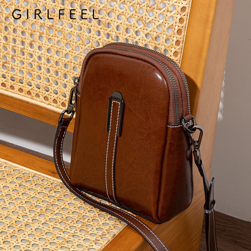 Gefini Women's Bag 2022 New Trendy Retro Oil-Waxed Cowhide Double Zipper Crossbody Compact Cowhide Phone Bag for Women