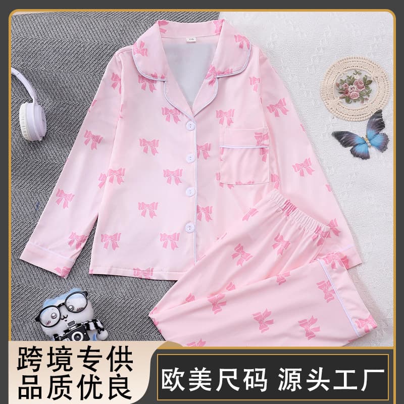 [European and American cross-border] Long-sleeved and long-pants girls' home clothes, foreign trade exclusive manufacturer of bow children's pajamas
