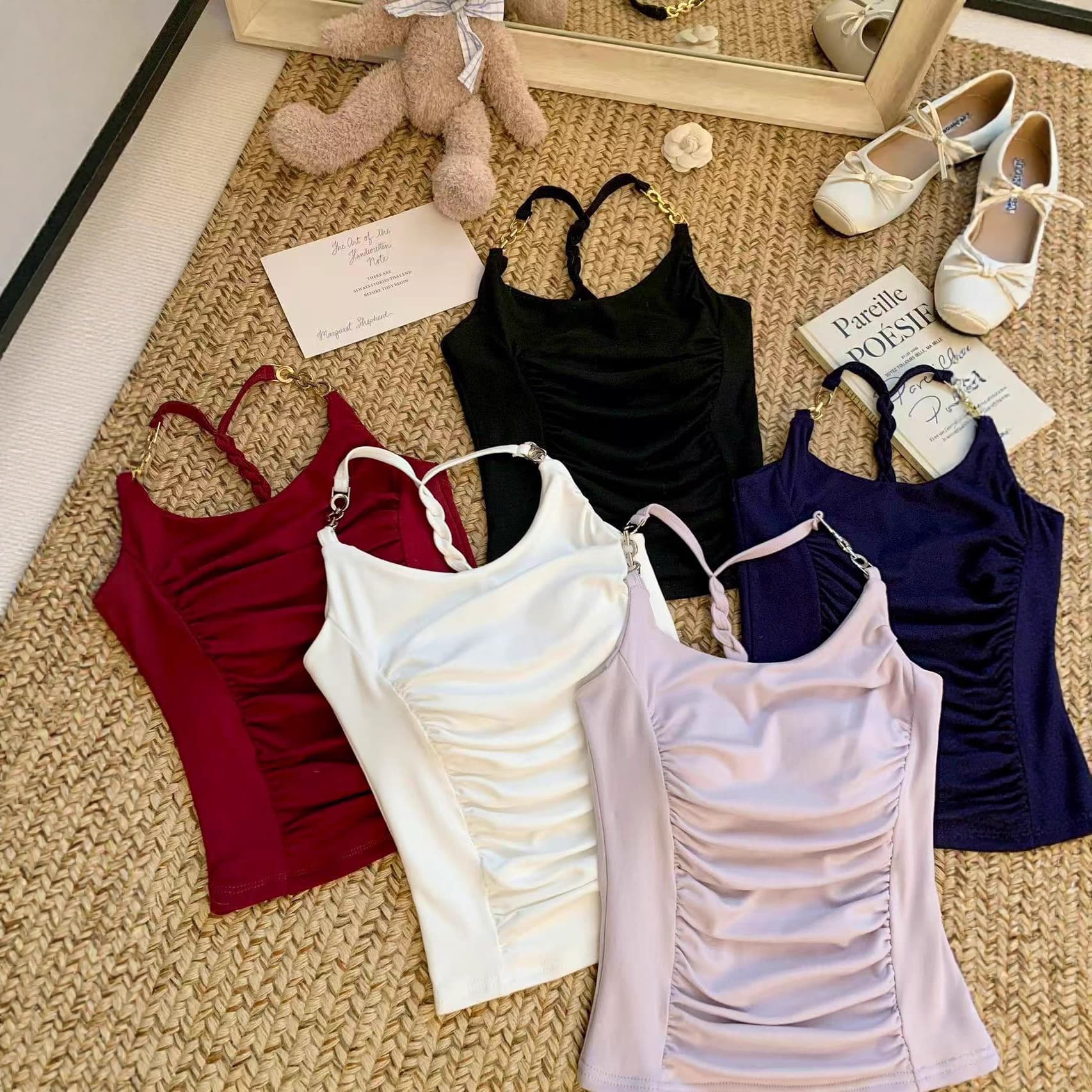Rayon Chain Neck Camisole with Elegant Backless Design, Metal Chain Neck Strap, Built-in Pads, Waist-Cinching Style