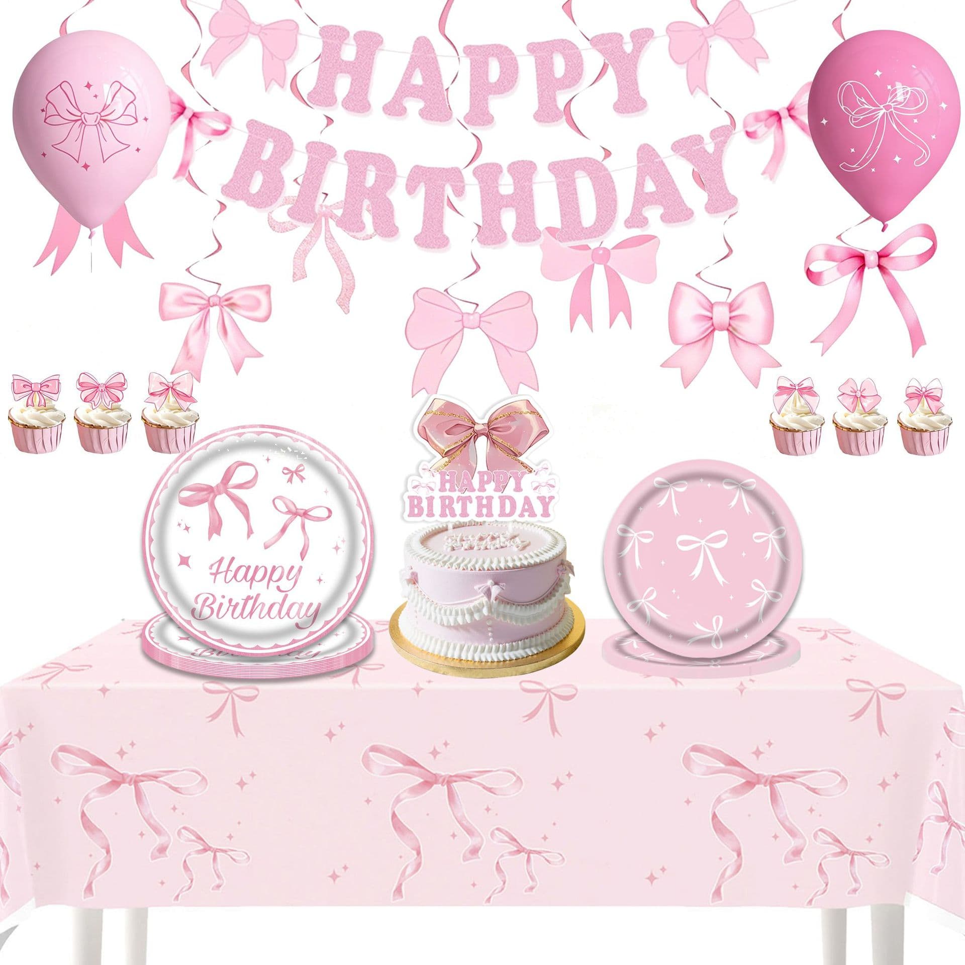Amazon Pink Girl Bow Party Disposable Paper Plate Spiral Decoration Balloon Birthday Party Tableware