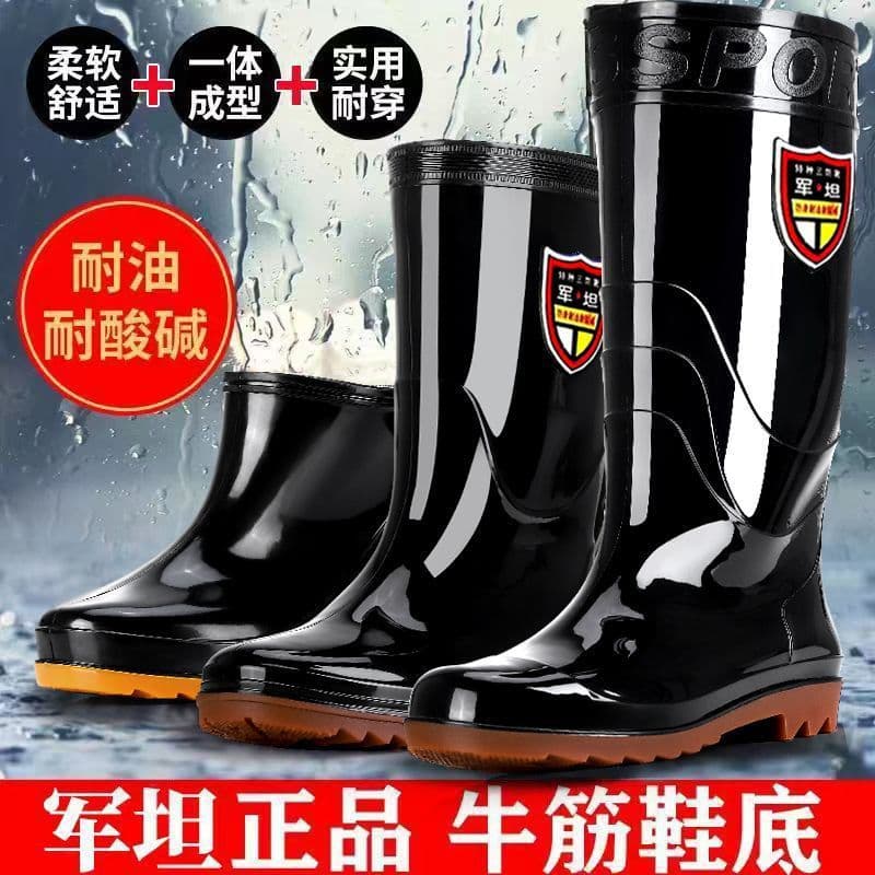 Black High-Top Men's Work Rain Boots, Kitchen Oxford Sole Anti-Slip Rubber Boots, Long Work Water Boots, Mid-High Water Boots for Men