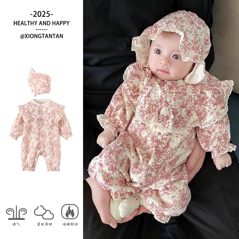 Pure Cotton Romper Suit for Newborn Baby Girls One Month Old Clothes Spring Climbing Outfit Korean Style Long Sleeve Onesie