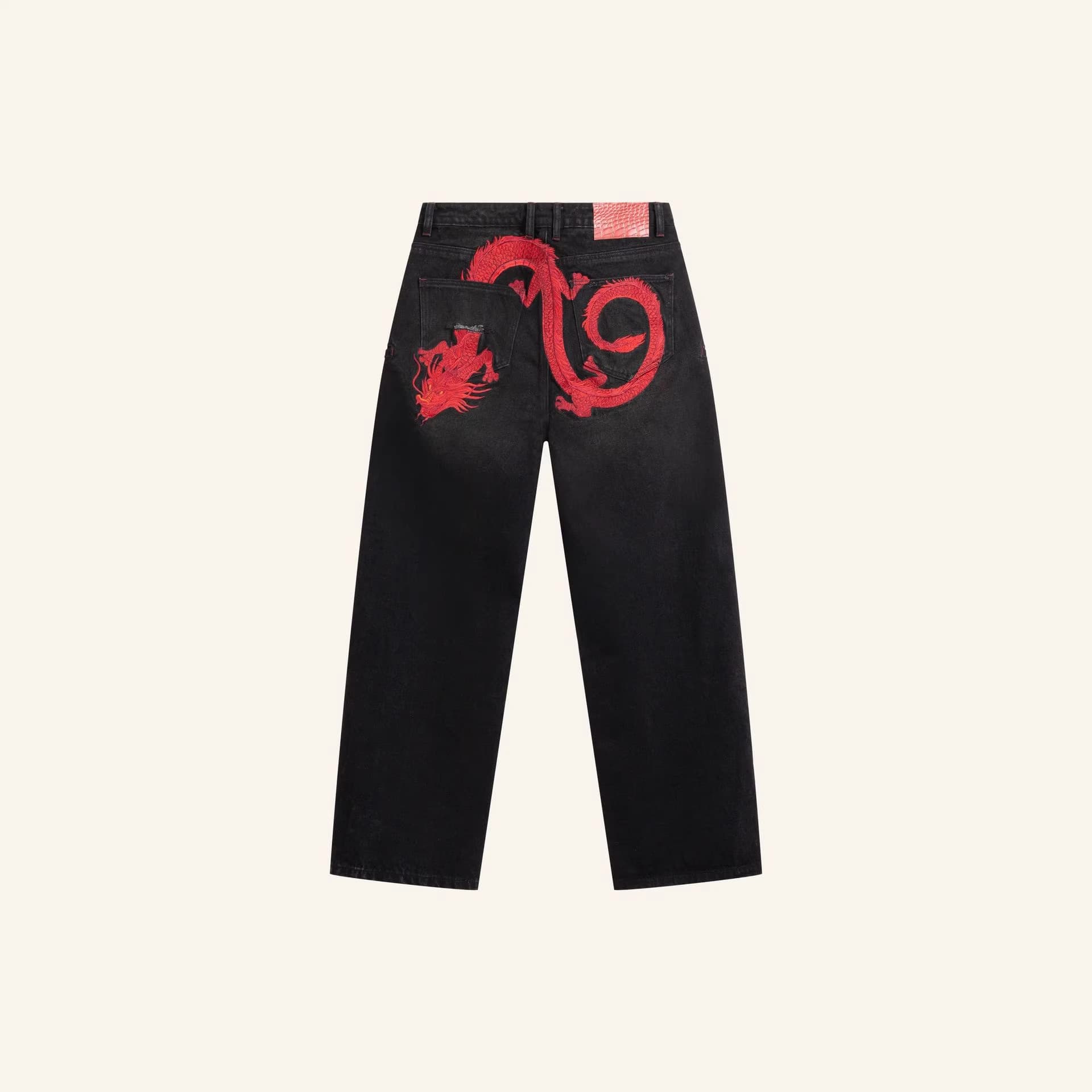 Dragon European and American Cross-border Chinese Red Dragon Embroidery Jeans Men BAGGY High Waist Straight Leg Jeans Long Pants Men