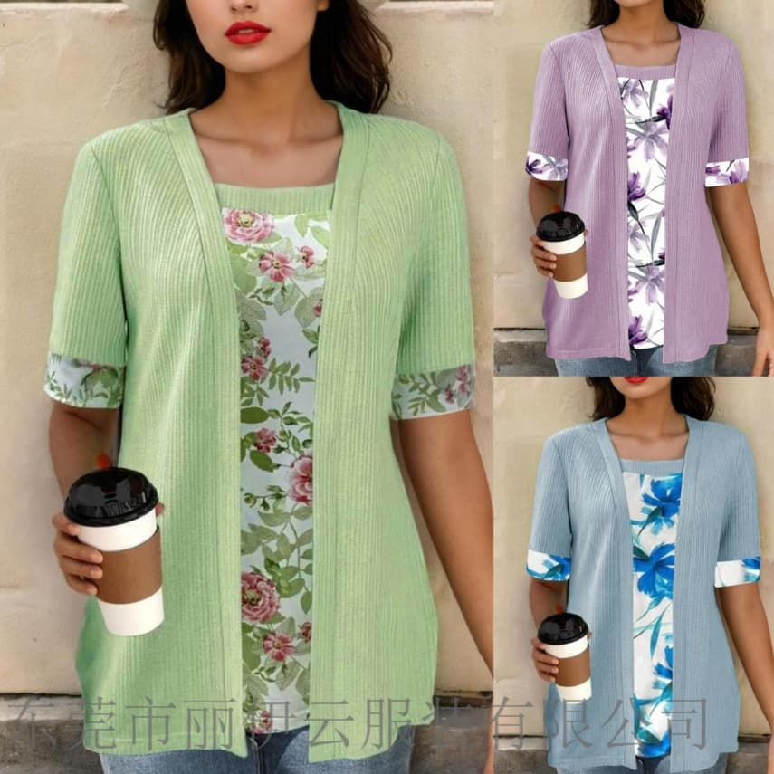 2024 Summer Cross-Border EU US Amazon AliExpress Temu Fake Two-Piece Short Sleeve Printed Patchwork T-Shirt Top for Women