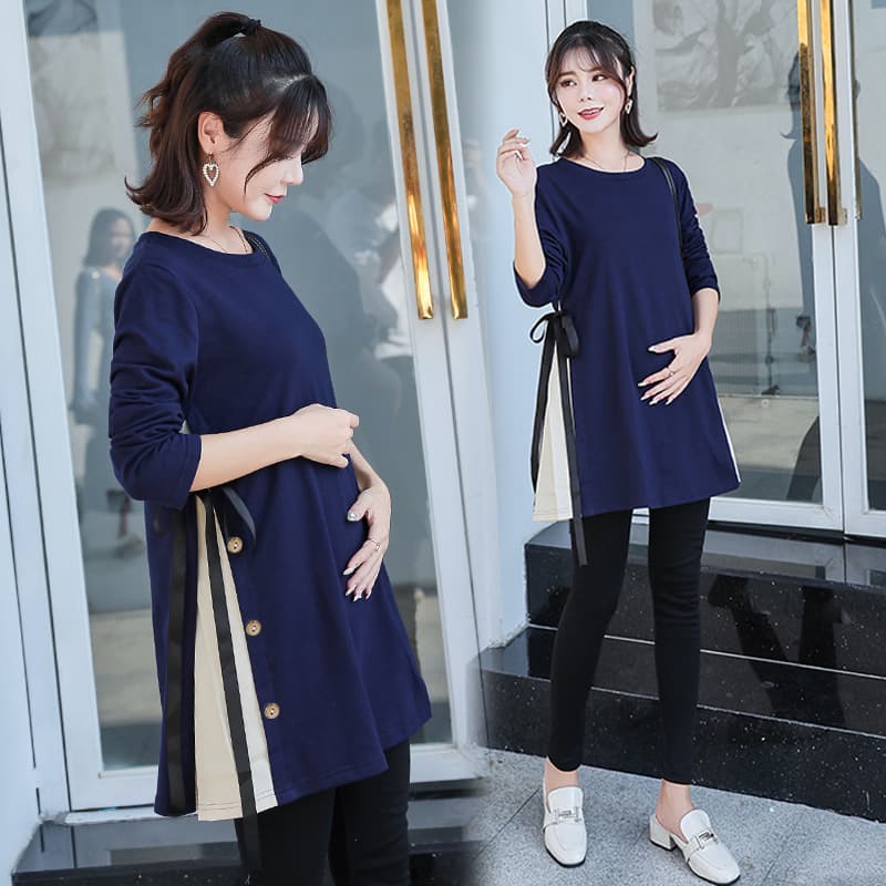 Maternity Fashionable Long Sleeve Loose Top Base Shirt Midi Dress Autumn Winter Polyester Round Neck A-Line Skirt Elegant
