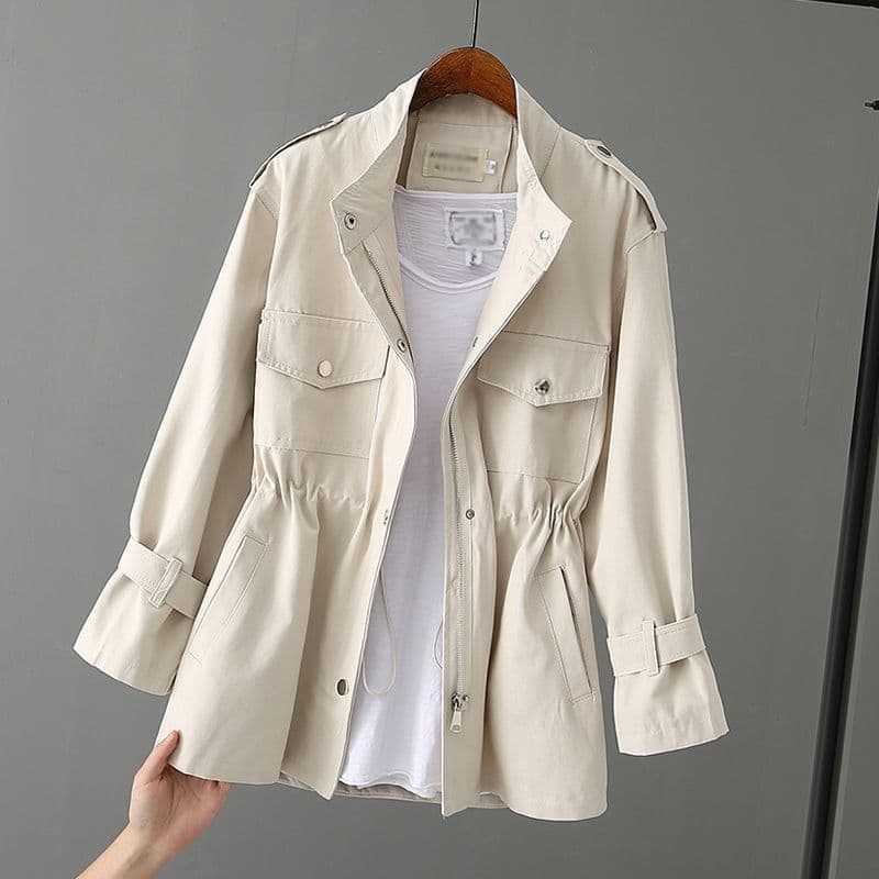 Women's Spring/Fall 2026 New Style Trench Coat, Mid-Length Korean Loose Fit Stand Collar Waist-Cinching Slimming Top for Petite Figures