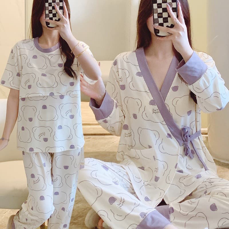 Maternity Pajamas Set Summer Thin Cotton Nursing Sleepwear 3-Piece for Hospital, Breastfeeding Outfit for Pregnant Women, Wear-Out Design