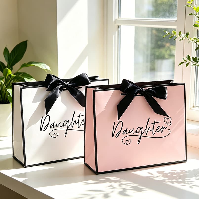 Daughter Bow Gift Bag Premium White Cardstock Tote Bag Wedding/Birthday Favor Paper Bag