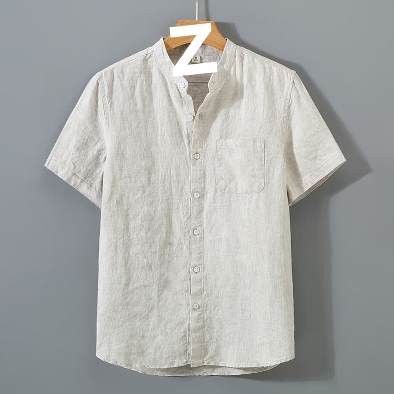 Summer linen short-sleeved shirt for middle-aged men, business casual, pure linen pocket shirt, loose cardigan, half-sleeved linen clothing
