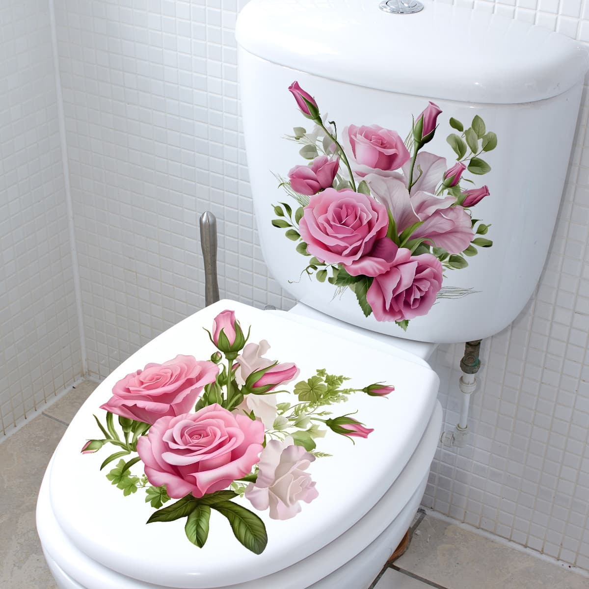 Light luxury pink rose and lily toilet stickers, beautiful floral bathroom decoration stickers, waterproof self-adhesive and removable