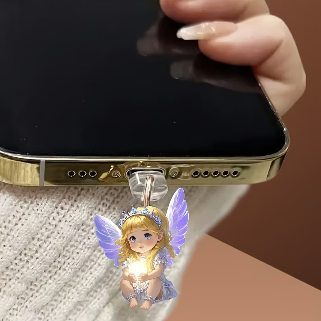 2D Cute Purple Winged Angel Acrylic Phone Dust Plug, Compatible with