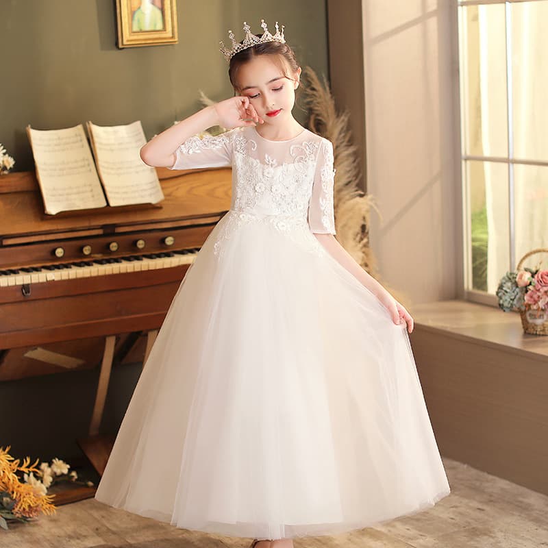 Long-Sleeved Fitted Tulle White Wedding Dress for Girls, Sweet Princess Style, Flower Girl Banquet Gown