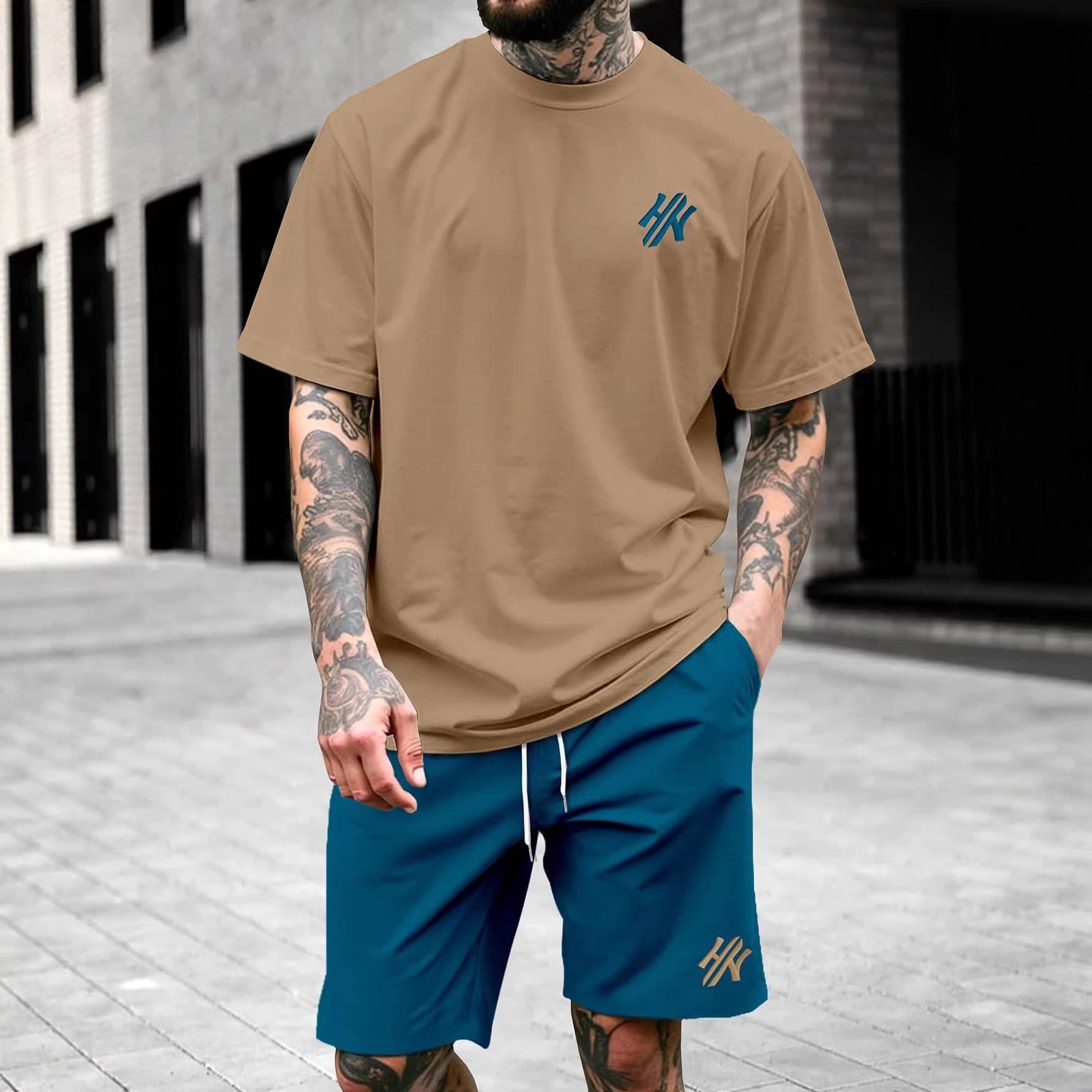 3D digital printing casual cross-border foreign trade express Amazon men's best-selling short-sleeved imitation cotton T-shirt suit