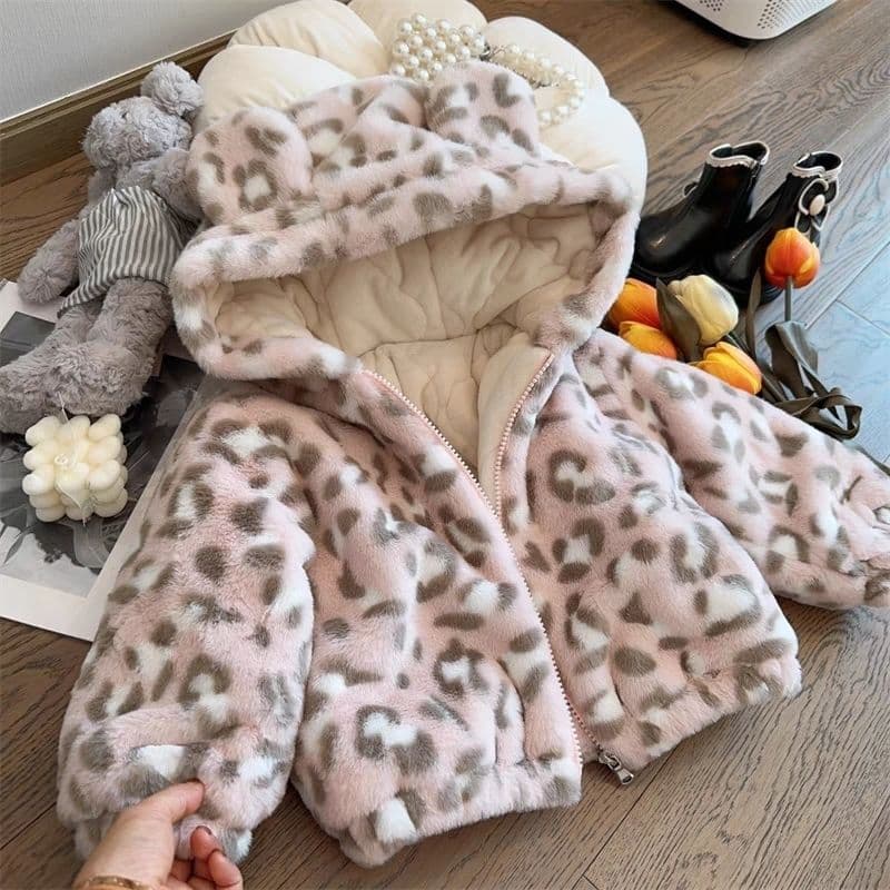 Girls' 2025 Autumn/Winter New Color-Block Leopard Print Plush Thickened Hooded Coat