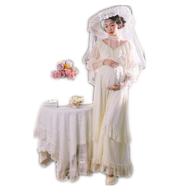 Vintage French Oil Painting Style Light Wedding Dress for Maternity Photoshoot, Elegant Maternity Dress for Indoor Home Photography