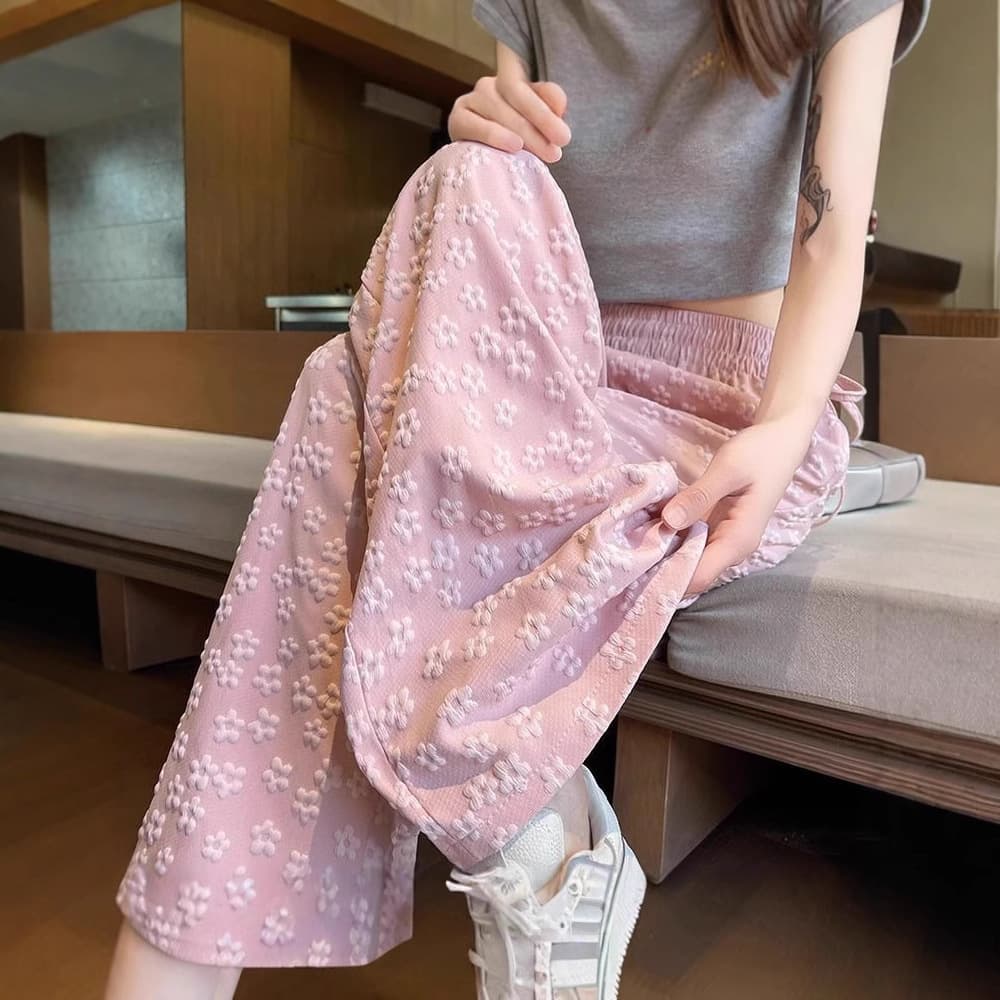 High-end Casual Sweat Pants Women's Summer Niche High Waist Daggy Floral Straight Pants Loose Slimming Wide Leg Pants Thin