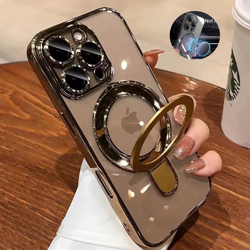 Suitable for iPhone 16 Phone Case Plating Transparent Magnetic Suction Apple 15 with Lens Film Bracket 14ProMax Full Package