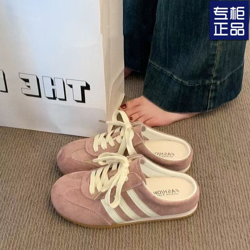 Pink Closed-Toe Slippers for Women, 2025 Viral Trendy Fashion Casual Lace-Up German Training Shoes, Thick Sole Half Slippers