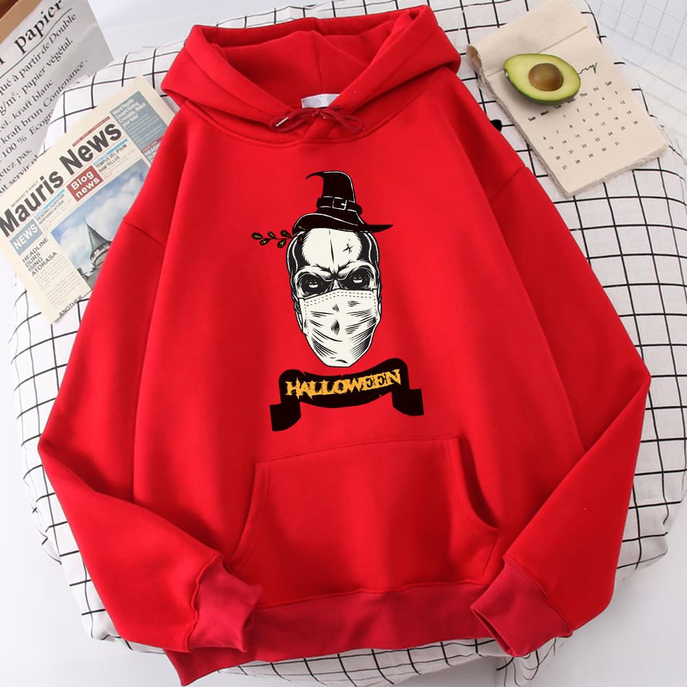 Halloween Witch Hat Skull with Mask Print Hoodies - Black White