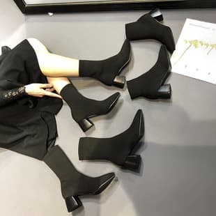 Knit High-Top Sock Boots for Women, Mid-Calf 2026 Spring New Korean Style Versatile Chunky Heel Short Boots, Thin Stretch Slimming Boots