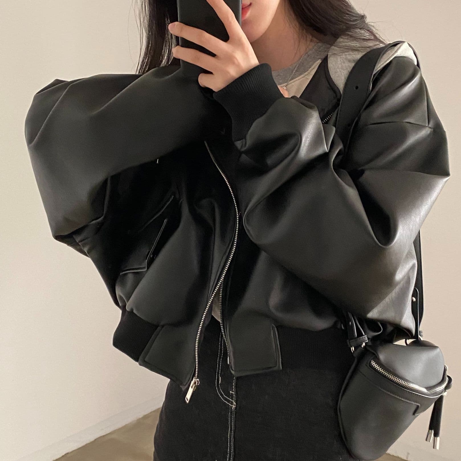 Korean chic autumn/winter niche retro zip-up double pocket casual loose versatile faux two-piece hooded leather jacket