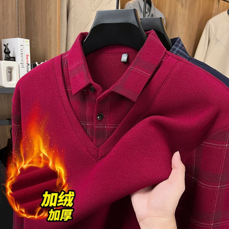 Middle-Aged and Elderly Dad's Base Layer Knitwear, 2025 Winter New Fleece-Lined Thickened Two-in-One Collar Sweater for Men