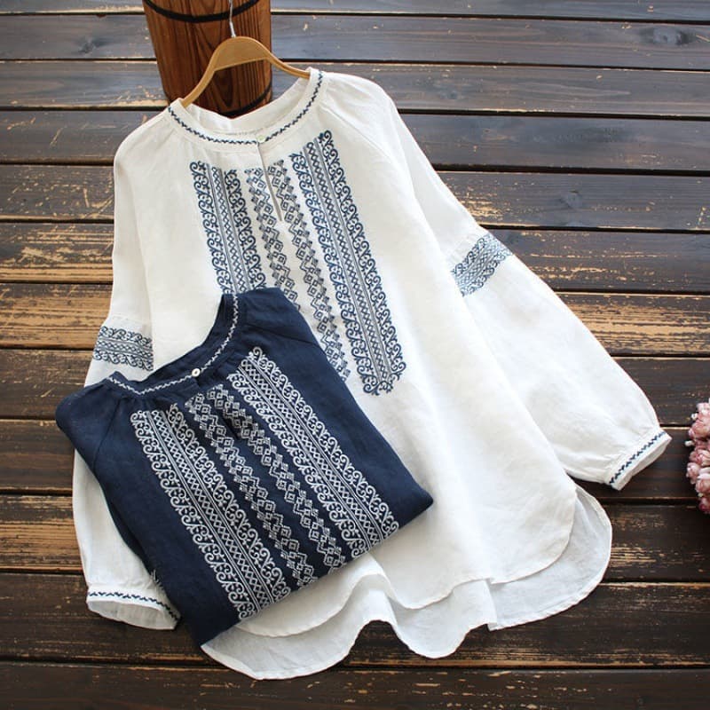 Japanese Cross-Border Plus Size Women's Korean Ethnic Embroidery Round Neck T-Shirt Spring Autumn Long Sleeve Loose Top