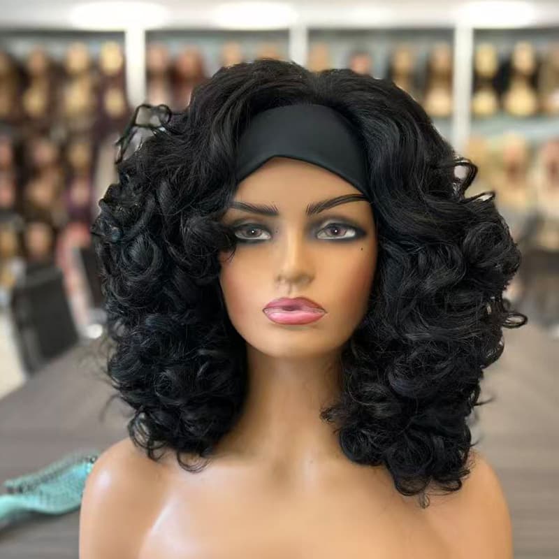 Black Ice Silk Headband Wig Curly Hair High-Temperature Silk Wig Yaki Curly Headband Wigs