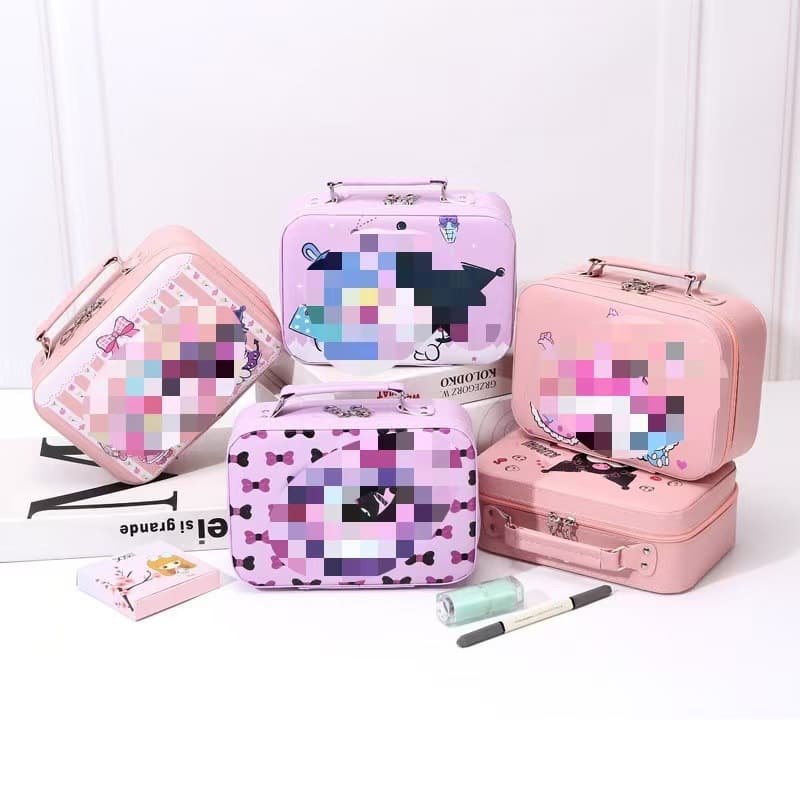 Portable Large-Capacity Cosmetic Case, Cute Cartoon Design with Mirror, Small Leather Case, Multi-Functional Makeup Bag for Girls