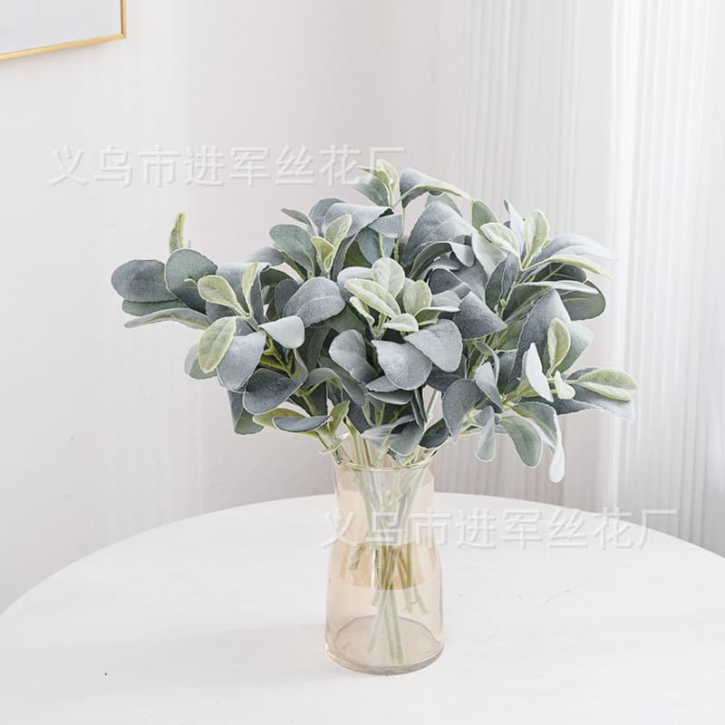 Single-stem flocked rabbit ear leaf, artificial flower, landscape green wall leaf, home photography, wedding decoration foliage.