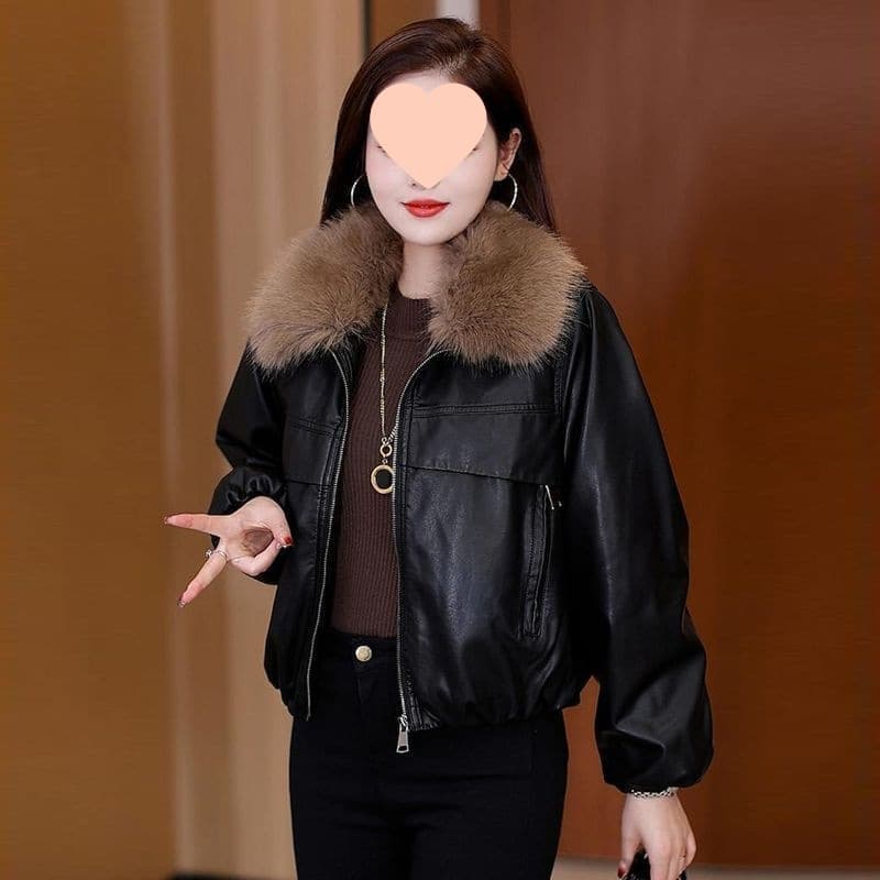 Detachable Large Fur Collar Fleece-Lined Thickened Women Leather Jacket Coat Short New Year Winter New Loose Petite