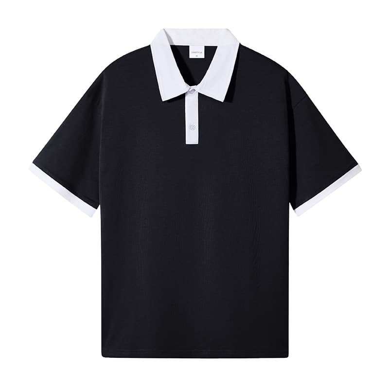 Trendy Drop Shoulder Contrast Color Polo Shirt, Pure Cotton Loose Hong Kong Style Short Sleeve Turn-down Collar T-shirt, Class Uniform, Custom DIY Heat Transfer Logo