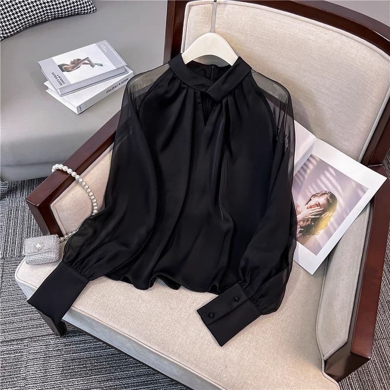 Premium Texture Mesh Blouse Black Elegant Women Solid Color Commuter 2025 Light Luxury Top Stylish Chiffon Shirt Long Sleeve