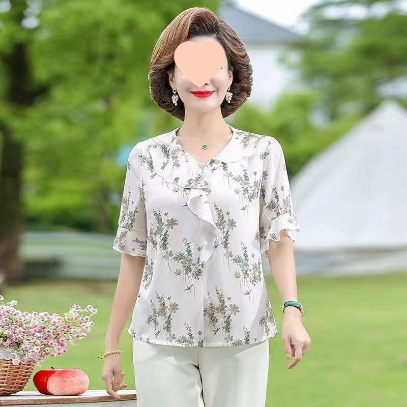 Middle-aged Mother Summer Short Sleeve T-shirt Chiffon Blouse Thin New Stylish Quality Women's Clothing Summer Set